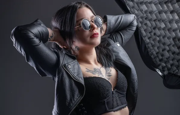 Sexy, pose, brunette, glasses, jacket, beauty, leather, Celine