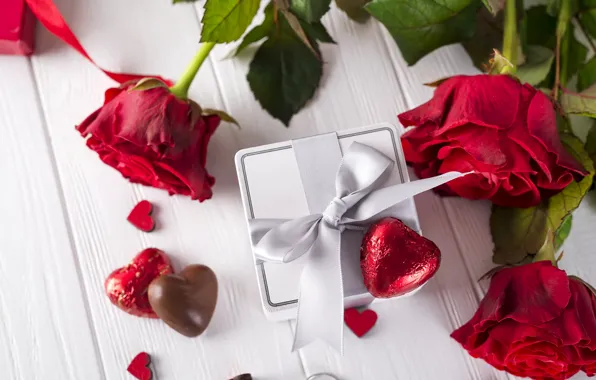 Picture flowers, red, gift, roses, bouquet, hearts, red, love