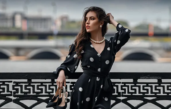 Girl, pose, dress, promenade, sandals, polka dot, Anton Kharisov, Maria Bashmakov