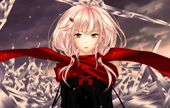 Ice, girl, red, scarf, art, crystals, guilty crown, inori yuzuriha