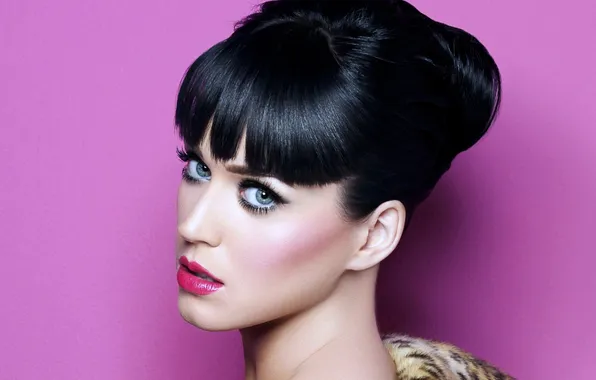 Look, face, hairstyle, Katy Perry, singer, pink background