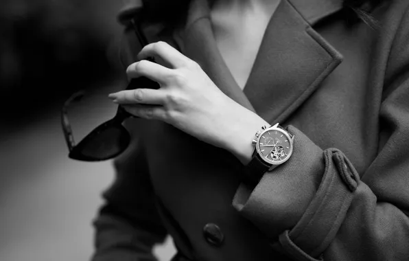 Picture girl, watch, glasses, black and white, coat