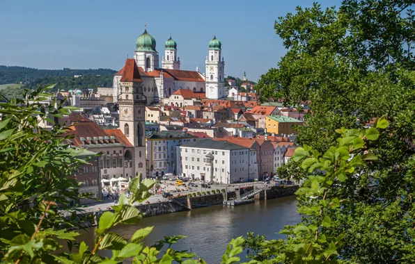 River, tower, Germany, Bayern, town hall, The Danube, Passau, St. Stephen 's Cathedral