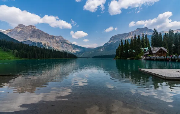 Forest, clouds, mountains, lake, reflection, blue, shore, Canada