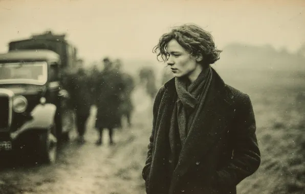 Field, machine, fog, retro, people, blur, scarf, haze