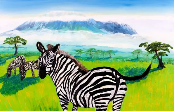 Landscape, animal, mountain, picture, Zebra, Africa, Kilimanjaro