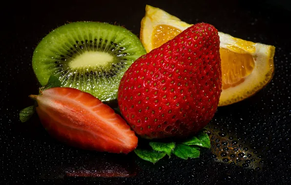 Berries, orange, kiwi, strawberry, fruit, black background, cuts