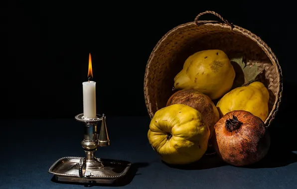 Candle, fruit, still life