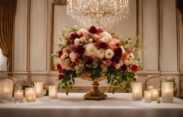 Flowers, table, holiday, roses, interior, bouquet, candles, chandelier