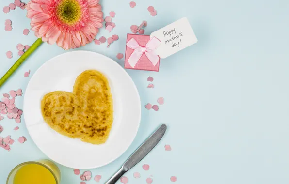 Flower, gift, Breakfast, juice, heart, pancakes