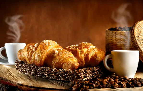 Table, coffee, hot, grain, pair, Cup, bokeh, croissant