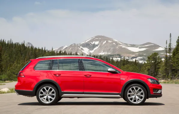 Picture mountains, red, Volkswagen, profile, universal, 2017, Golf Alltrack