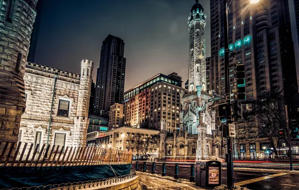 Night, city, lights, skyscrapers, Chicago, USA, America, Chicago