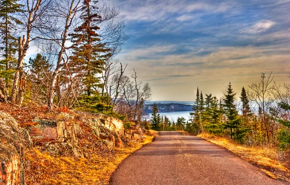 Road, the sky, clouds, trees, lake, hdr