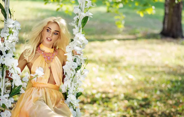 The sun, flowers, swing, makeup, garden, dress, hairstyle, blonde