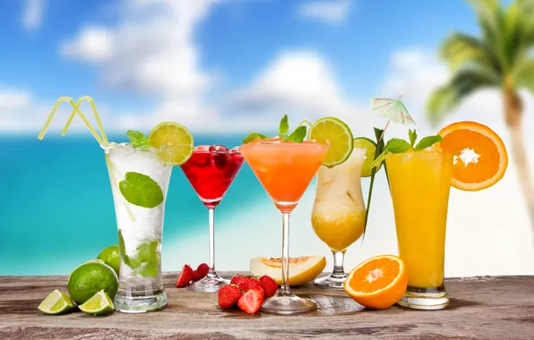 Summer, berries, orange, glasses, strawberry, umbrellas, lime, fruit