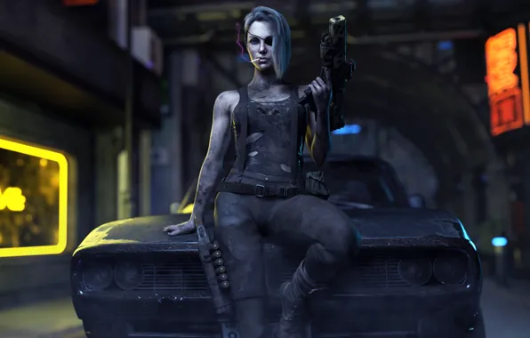Girl, Look, Machine, Dirt, Weapons, Headband, Cyberpunk 2077, Cigarette