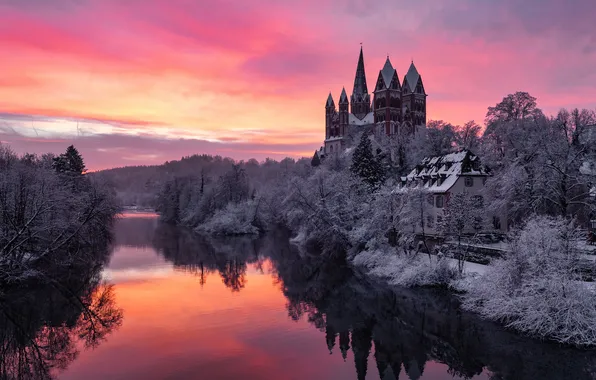Picture winter, the sky, snow, trees, sunset, river, castle, home