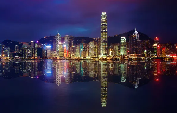 Reflection, night, the city, lights, building, skyscrapers, the evening, Bay