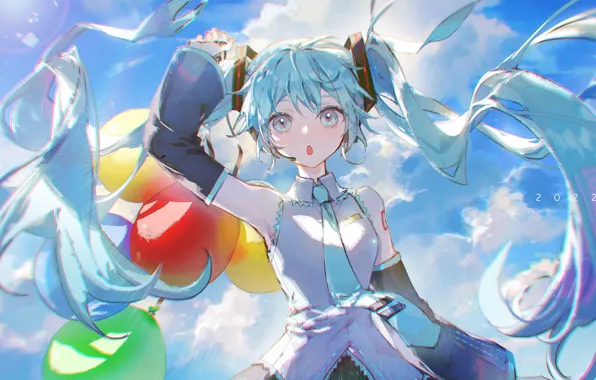 The sky, girl, Hatsune Miku, Vocaloid, balloons