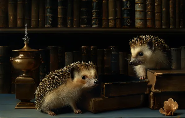 Books, shell, shelf, still life, a couple, hedgehogs, Jerzy, hedgehogs