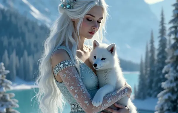 Winter, forest, girl, snow, decoration, mountains, lake, wolf