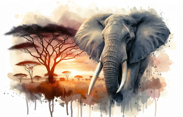 Look, face, paint, elephant, portrait, white background, imitation of watercolor, imitation painting