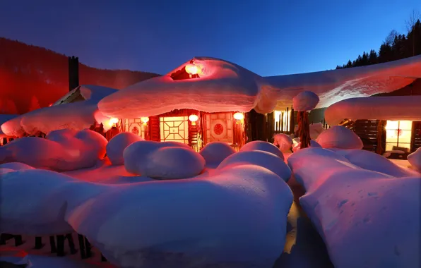 Snow, nature, home, the evening, village, lighting, lights, China