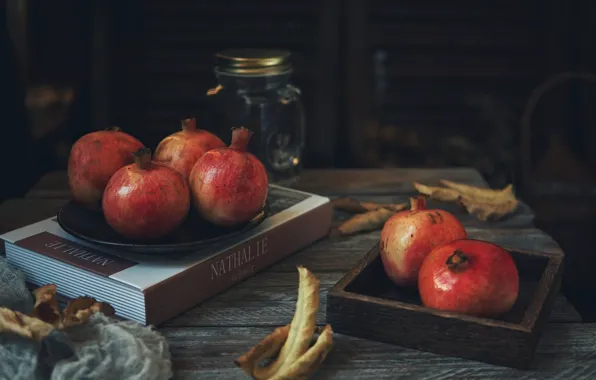 Leaves, the dark background, table, Board, Bank, book, fruit, still life