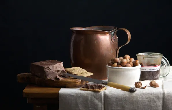 Chocolate, cookies, knife, pitcher, still life, hazelnuts