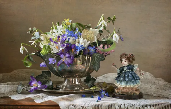 Leaves, flowers, table, toy, bouquet, spring, dress, snowdrops