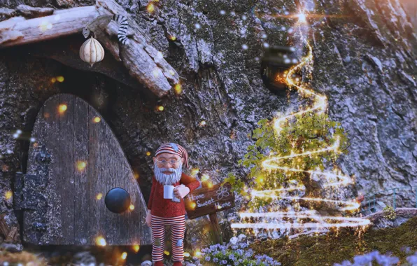 Winter, light, snow, lights, lights, stones, rendering, fantasy
