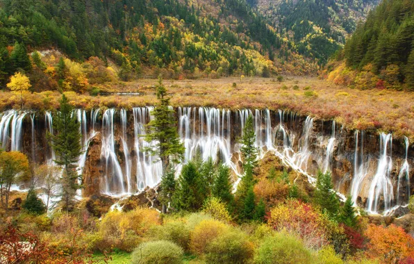 Autumn, forest, water, waterfall, threads