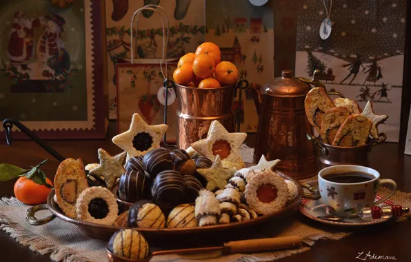 Coffee, cookies, tangerines