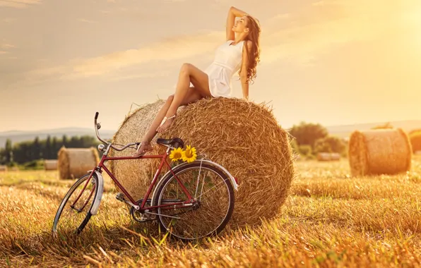 Field, girl, bike, sunflower, haystack