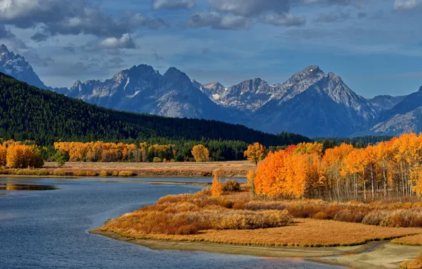 Picture autumn, forest, the sky, the sun, clouds, trees, mountains, river