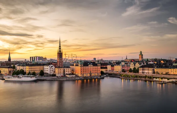 Sunset, river, ship, home, the evening, pier, Stockholm, Sweden