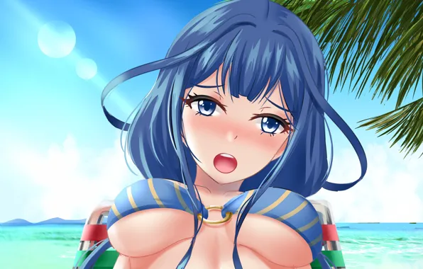 Wallpaper girl, sexy, cleavage, beach, long hair, sea, boobs, anime