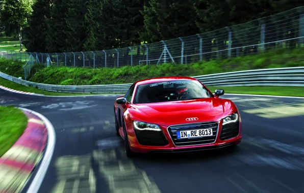 Audi, Red, Trees, Speed, Track, Before, V10, E-Tron