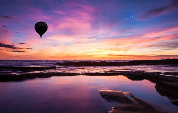 Picture sea, the sky, water, clouds, sunset, balloon, stones, shore