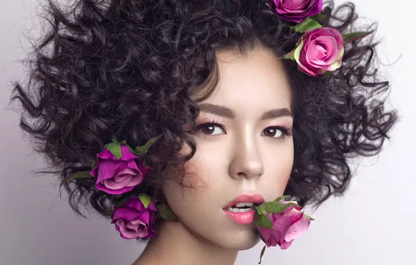 Picture look, flowers, background, portrait, roses, makeup, brunette, hairstyle