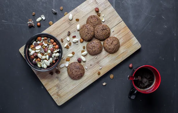 Picture coffee, food, nuts, cakes, sweet, oatmeal cookies