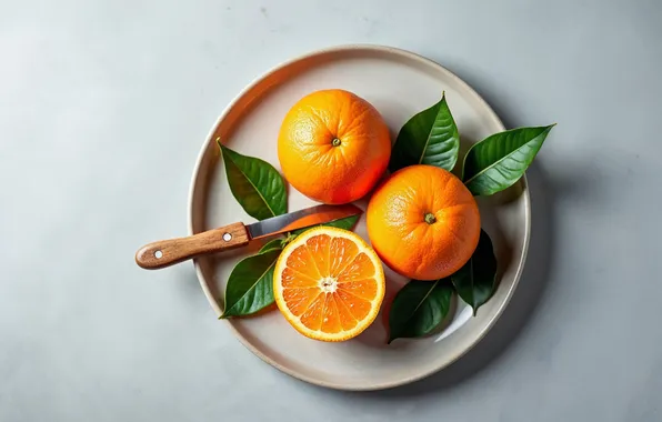 Picture leaves, oranges, knife, AI art