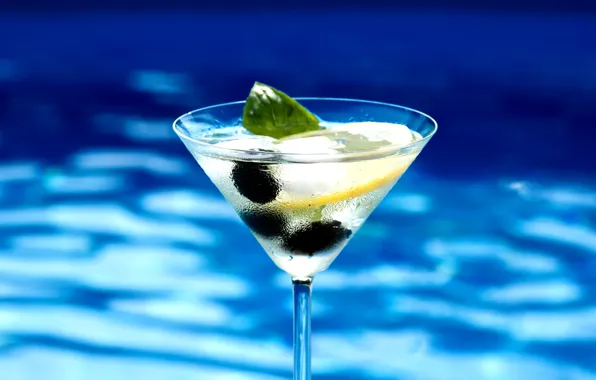 Picture cocktail, a slice of lemon, mint, olives