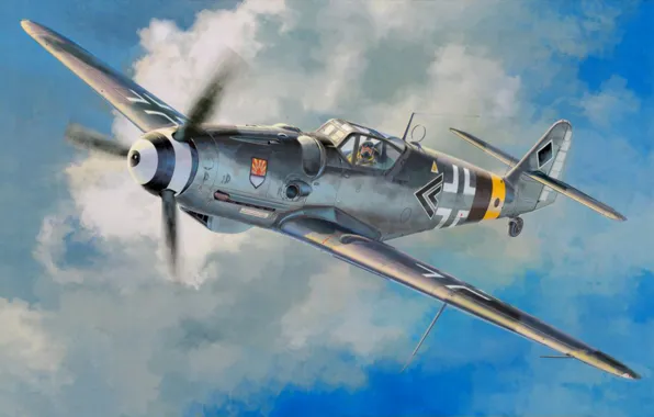 Picture fighter, war, art, airplane, painting, ww2, Messerschmitt Bf 109 G-14