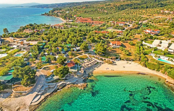 Sea, beach, coast, Greece, umbrellas, sheds, the, Mitari Camping & Villas