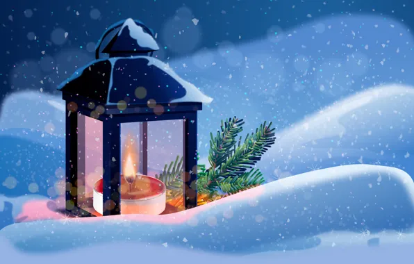 Winter, light, snow, night, branches, flame, candle, Christmas