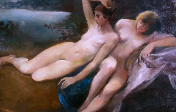 Girls, Picture, Two, Naked, Naked, Austrian painter, Oscar Larsen, Oskar Larsen