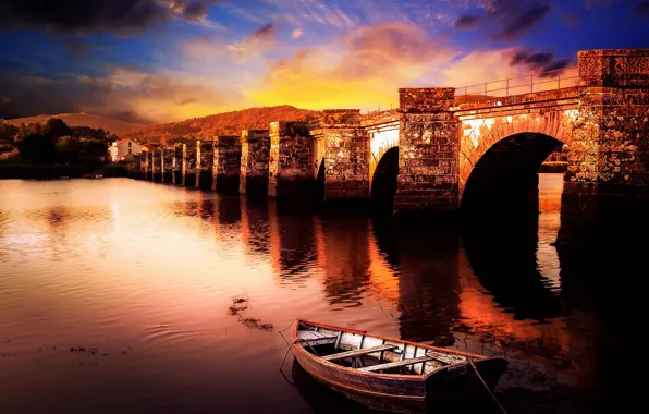 Picture bridge, boat, Spain, Galicia, Ponte Nafonso, Ceilan