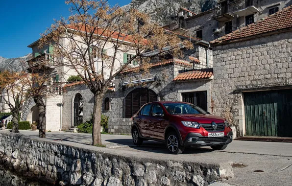 Road, auto, the building, Renault, Logan, Burgundy, Stepway